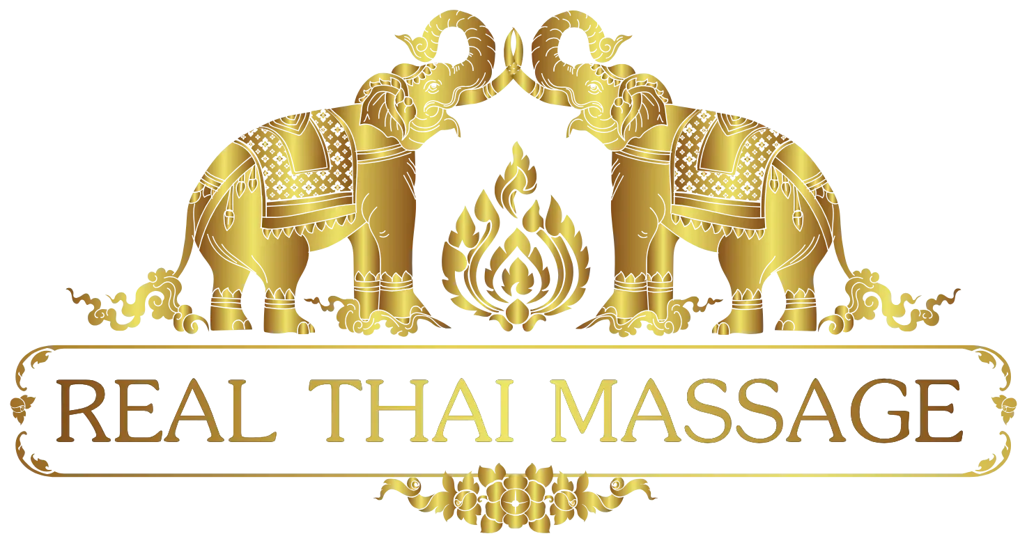 A Real Thai Massage ajándékkártya előlapja: navy alap, arany logó, arany keret