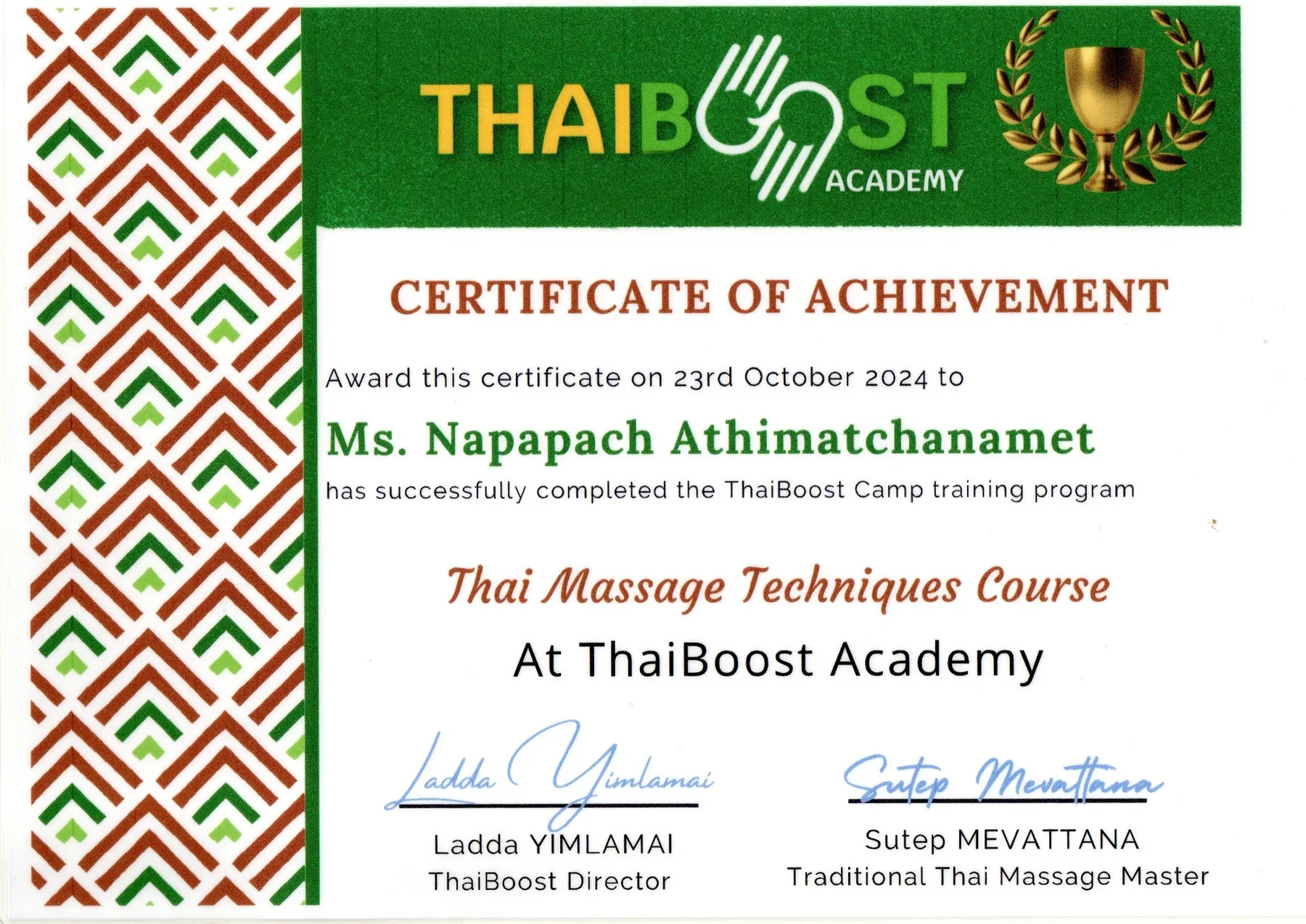 ThaiBoost Academy oklevél, 2024. október