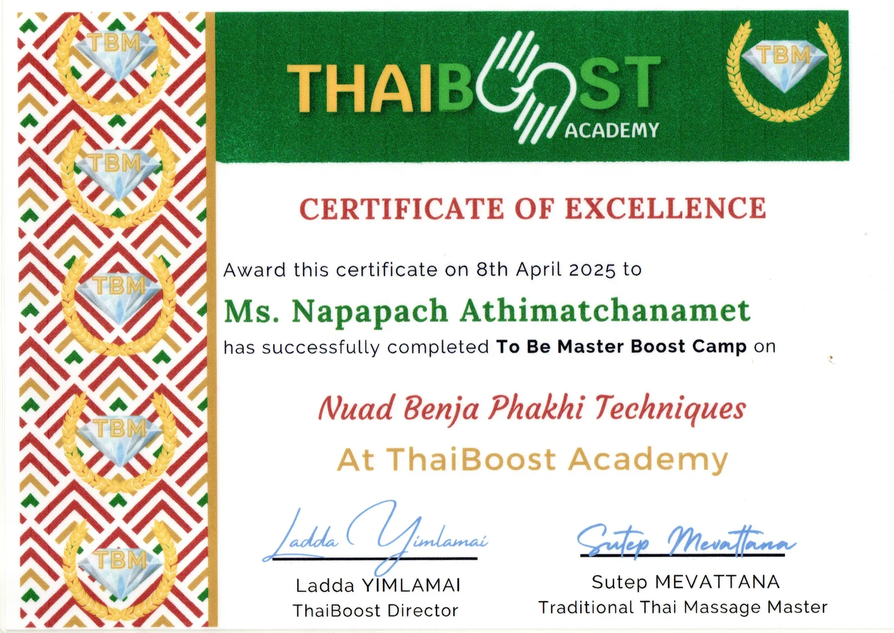 Certificate of Excellence, Nuad Benja Phakhi, ThaiBoost Academy, 2025. április